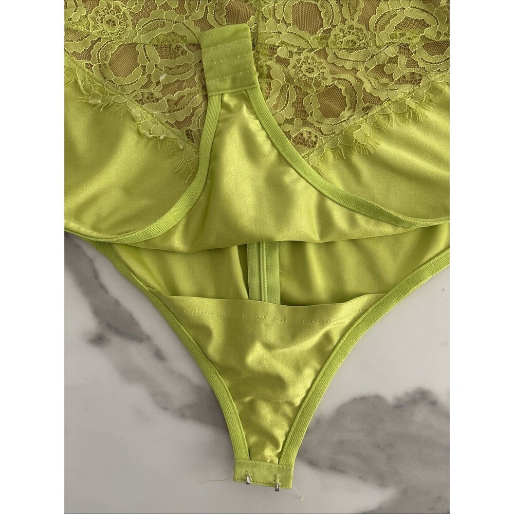 Neon Lime Green Eyelash Lace Fishnet Bodysuit Top Rave Festival Large